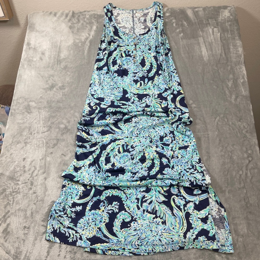 Lilly Pulitzer‎ Maxi Dress Medium Navy Pima Cotton Paisley Floral Sleeveless